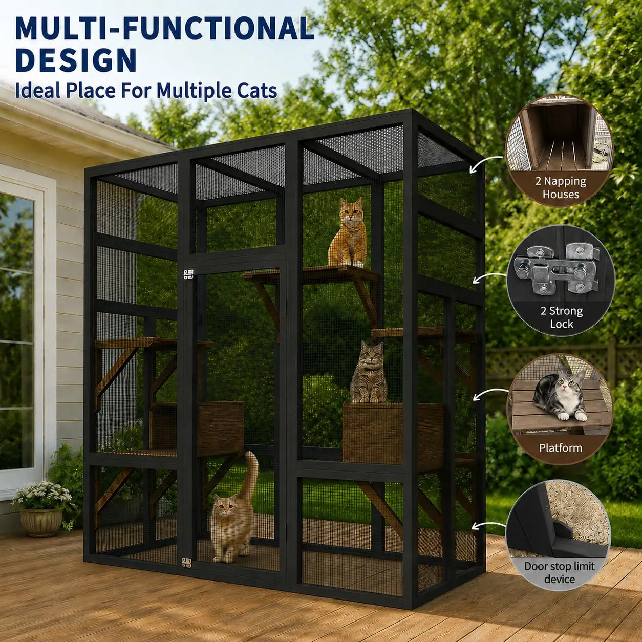 HiMISS Durable Wooden Outdoor Catio Cat House With Secure Cover