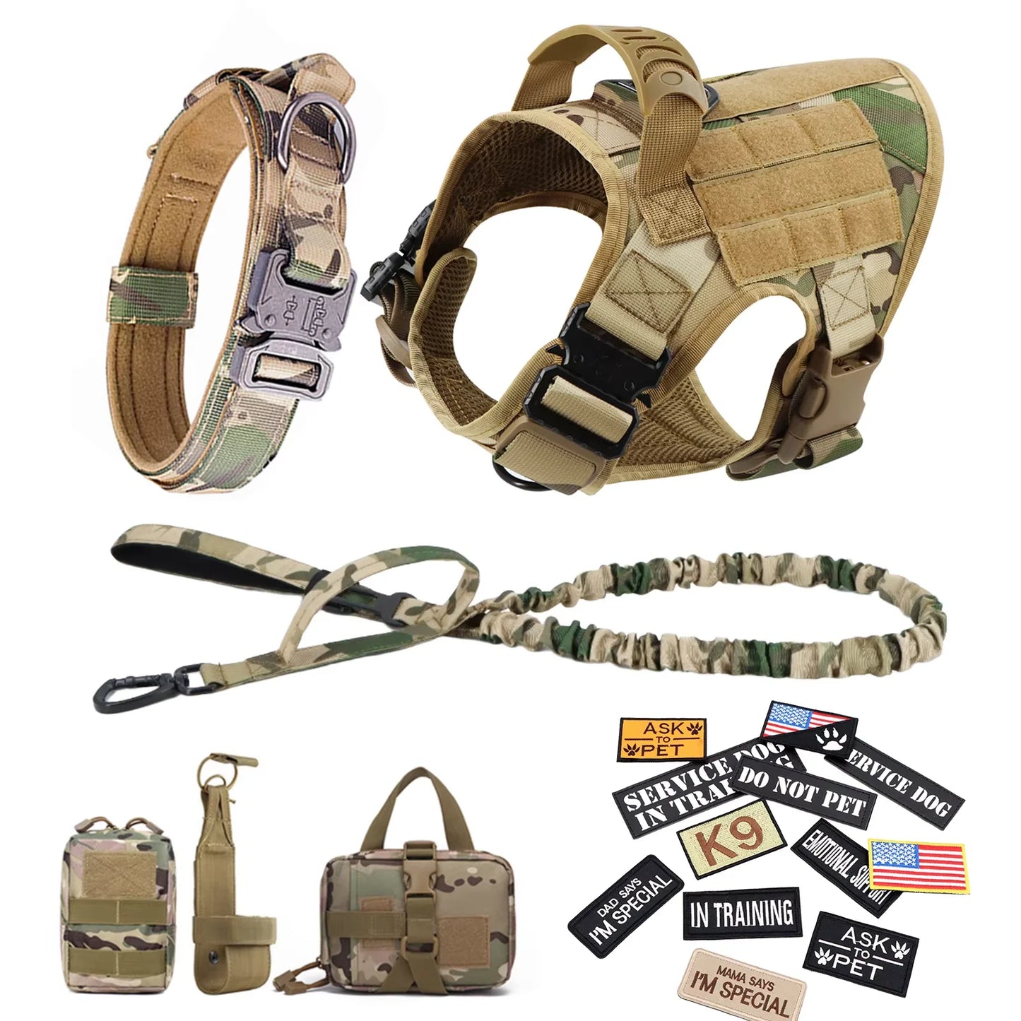 Military Tactical Nylon Dog Harness Vest Collar Leash Training Equipment