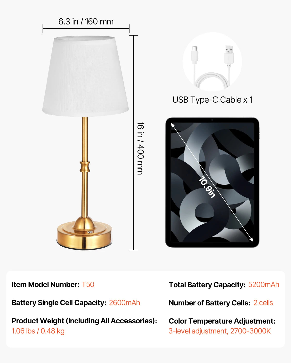 SucceBuy Cordless Table Lamp With 5200mAh Battery 3 Brightness Levels