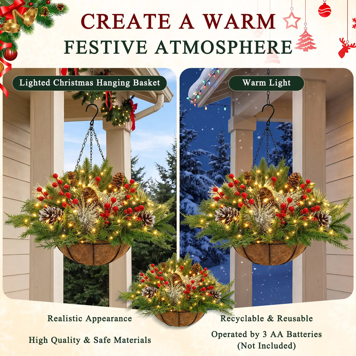 Artificial Christmas Hanging Basket With LED String Lights Pre-Lit Christmas Hanging Plant Basket Artificial Flowers Decor for Front Door Garden And Party Pet and Home Outlet
