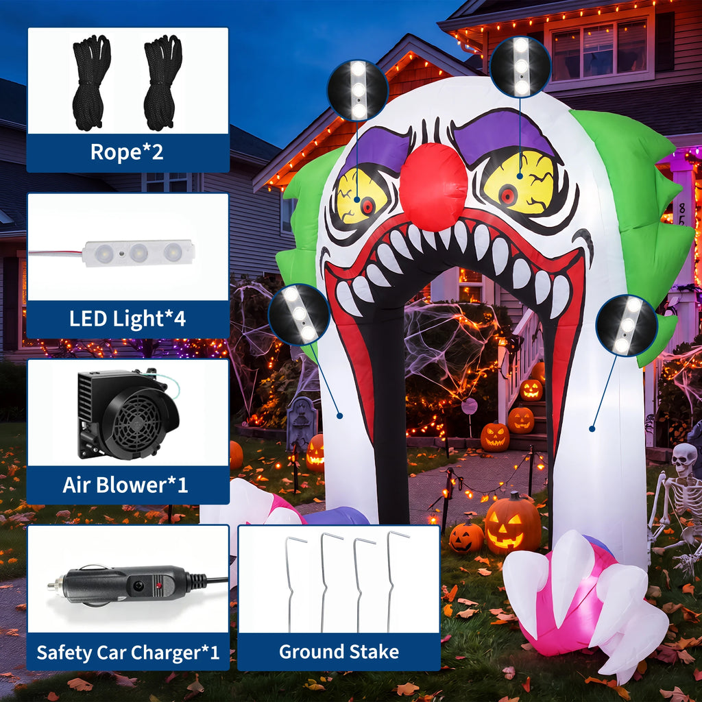 180cm LED Light Up Inflatable Halloween Clown Arch Scary Outdoor Yard Decoration for Lawn and Garden Weather Resistant Blow Up Holiday Party Spooky Night Display Prop Supplies Pet and Home Outlet