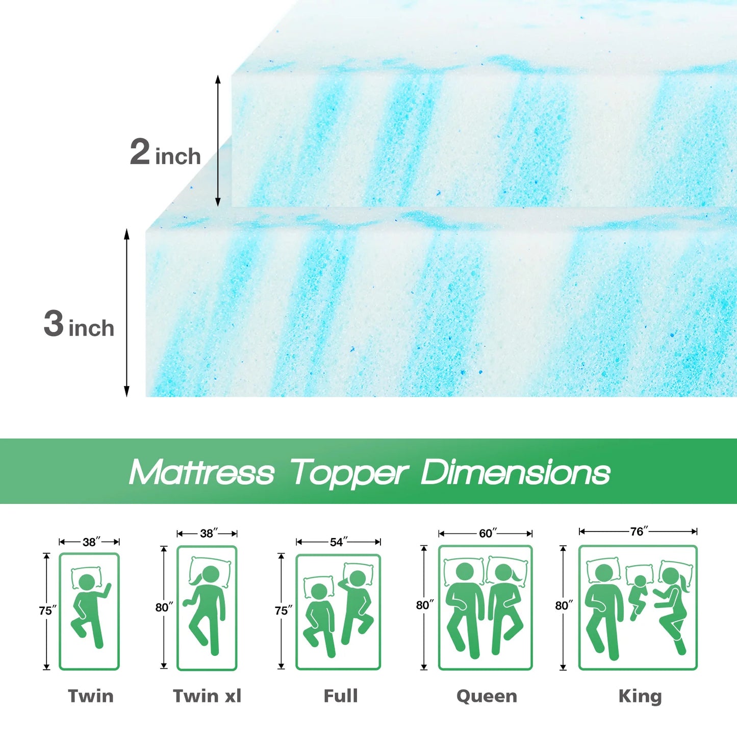 JHK Gel Infused Memory Foam Mattress Topper For Beds