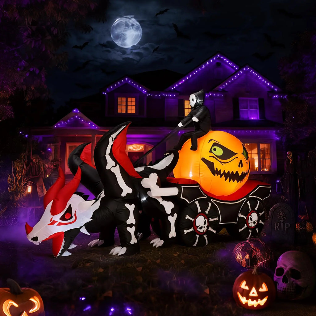 12ft Grim Reaper Dragon Carriage Halloween Inflatable With 3 Led Lights, Outdoor Yard Decoration For Lawn Porch Garden Party Display Pet and Home Outlet