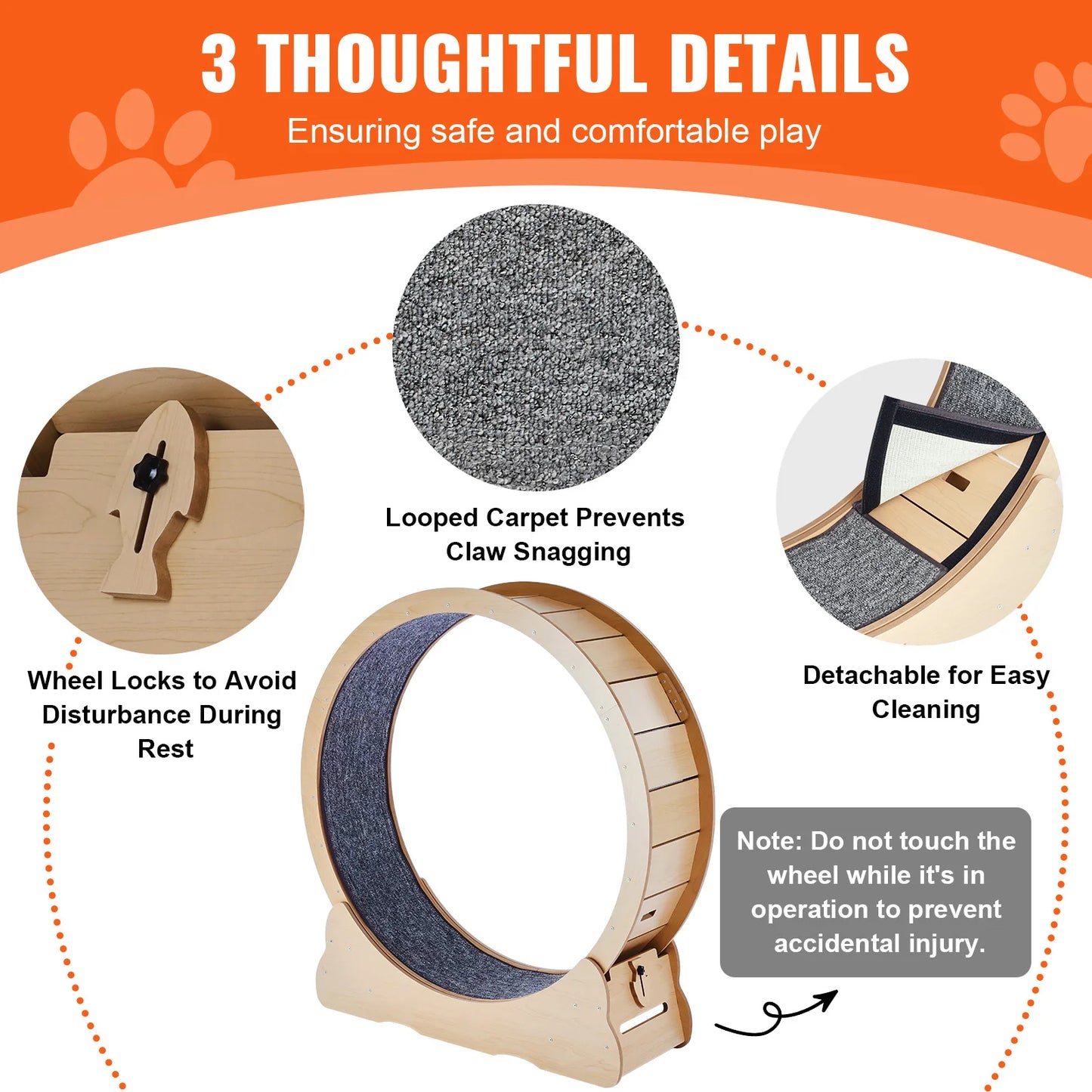Indoor Wooden Cat Exercise Wheel With Detachable Carpet Teaser Attachment