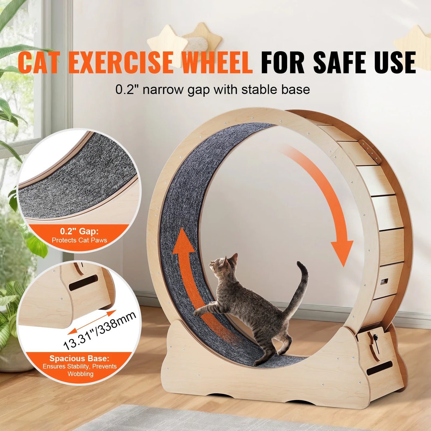 Indoor Wooden Cat Exercise Wheel With Detachable Carpet Teaser Attachment