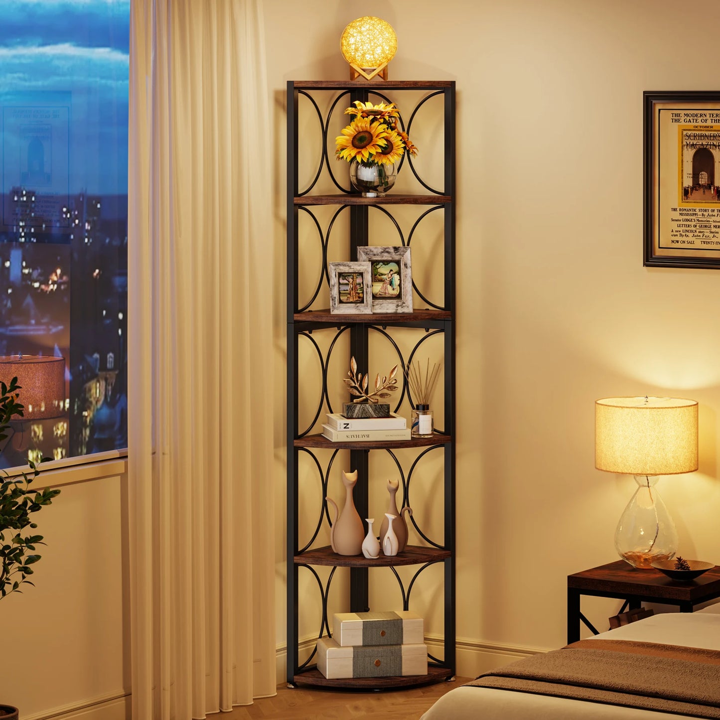 Tribesigns 6 Tier Rustic Corner Bookshelf Tall Storage Rack