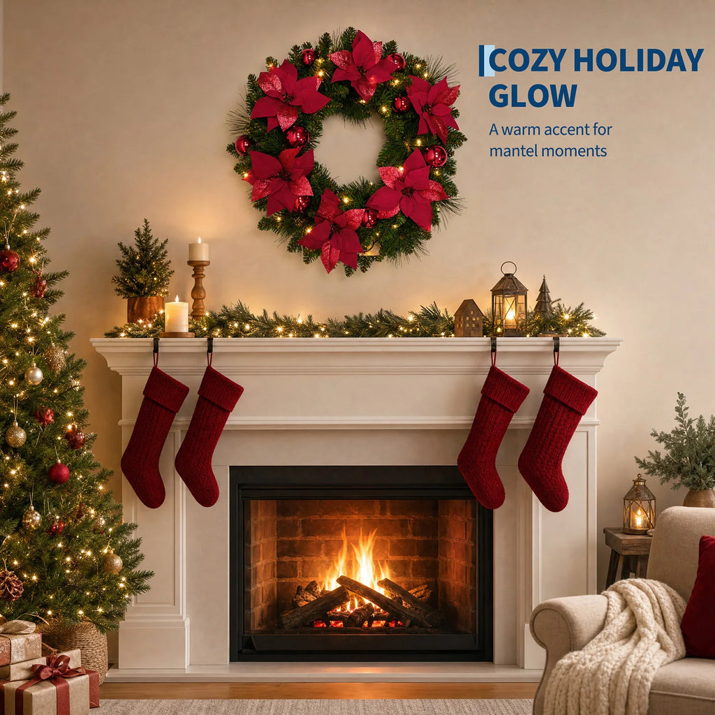 24 Inch Pre-Lit Christmas Wreath with 20 Warm White LED Lights, Snowy Pine Cones, Battery Operated, Front Door Indoor Outdoor Pet and Home Outlet