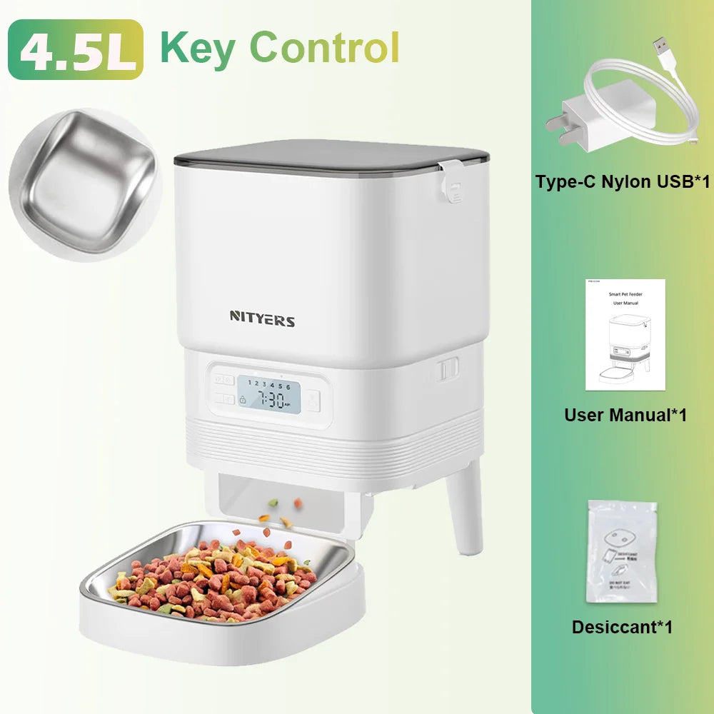 NITYERS 4.5L Automatic Cat Feeder, Timed Dog Food Dispenser with Stainless Steel Bowl, Smart Pet Feeder with Clog-Free Design, Voice Recorder, Dual Power Supply, Portion Control & Meal Planner for Cats and Small Dogs Pet and Home Outlet