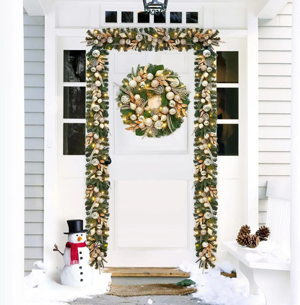 Garvee 24 Inch Christmas Wreath Artificial Xmas Garland with 20 LED Lights and Gold Leaves, Balls and Ornaments Door Wall Hanging Winter Holiday Party Decoration for Fireplace, Window Pet and Home Outlet