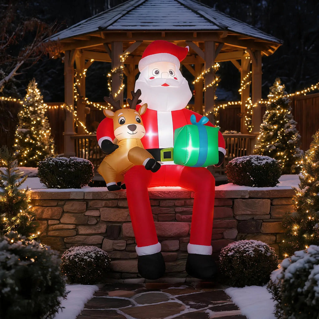 9.5ft Christmas Inflatable Sitting Santa with Reindeer Outdoor Blow Up Yard Decoration Built In LED Lights Lawn Garden Roof Display Holiday Party Winter Festival Home Decor Pet and Home Outlet