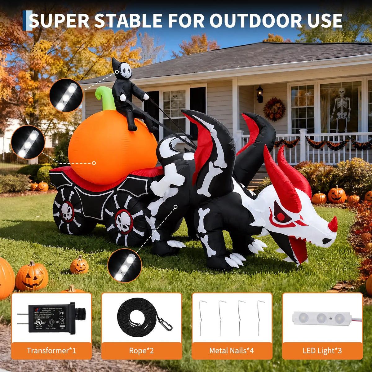 12ft Grim Reaper Dragon Carriage Halloween Inflatable With 3 Led Lights, Outdoor Yard Decoration For Lawn Porch Garden Party Display Pet and Home Outlet
