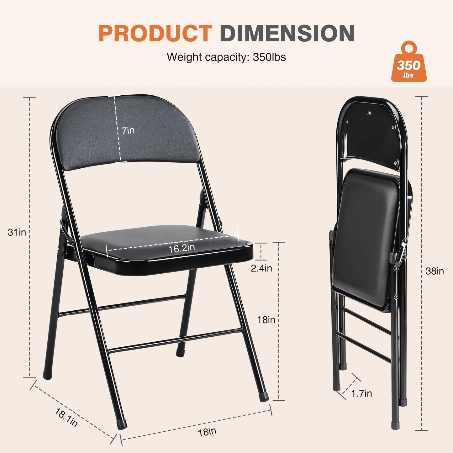 JHK Leather Padded Folding Chair 4 Pack Set For Living Room Outdoor Use
