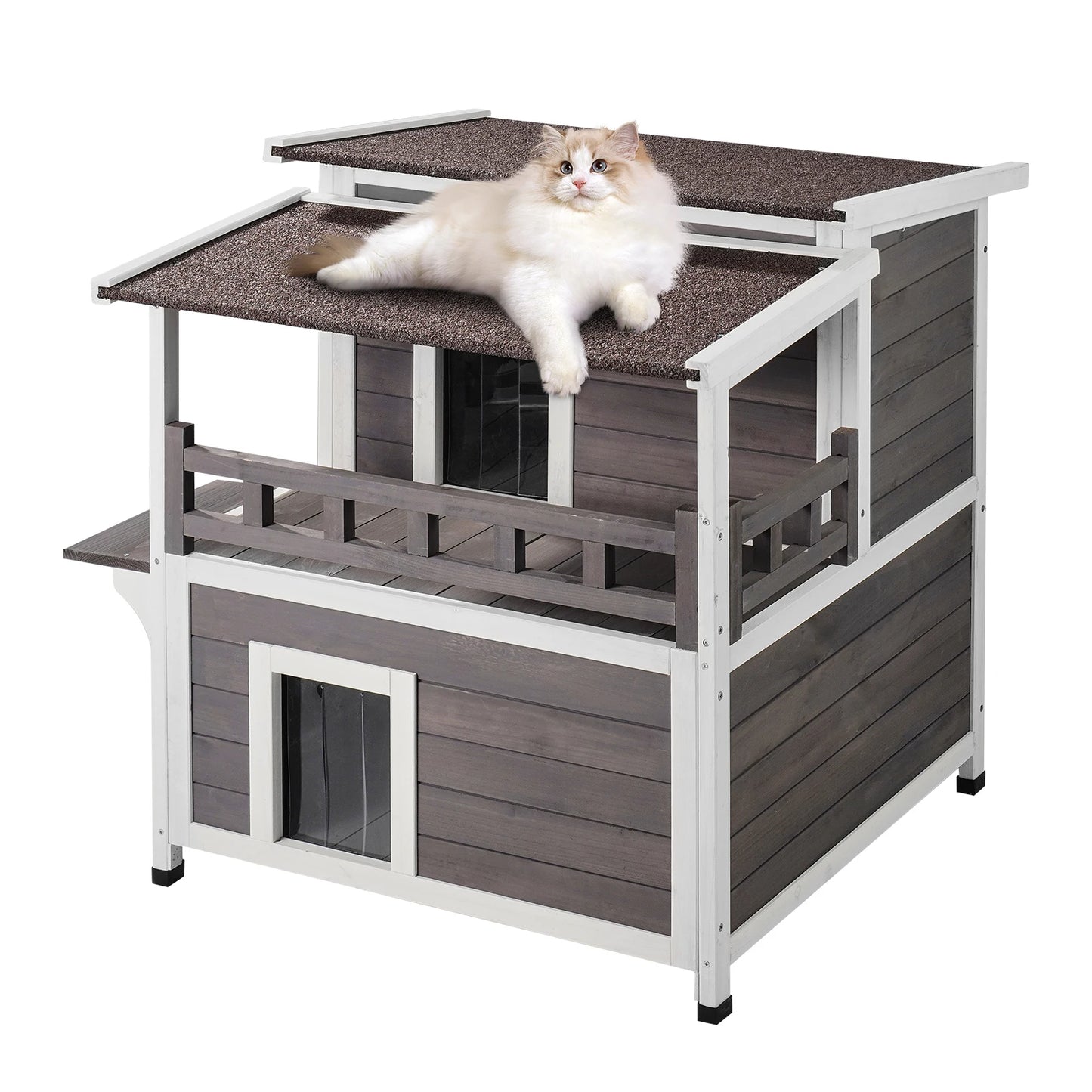 SucceBuy Outdoor Cat House Weatherproof Shelter With Balcony