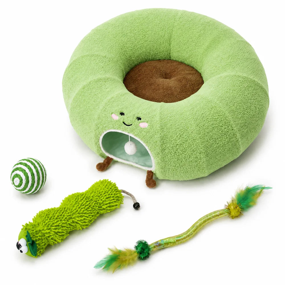 Convertible Cat Tunnel Bed For Indoor Cats Plush Donut Cat Bed With Removable Cushion Zip Connected Long Play Tunnel Cozy Hideaway Bed With Hanging Ball For Kittens Cats And Small Pets Pet and Home Outlet