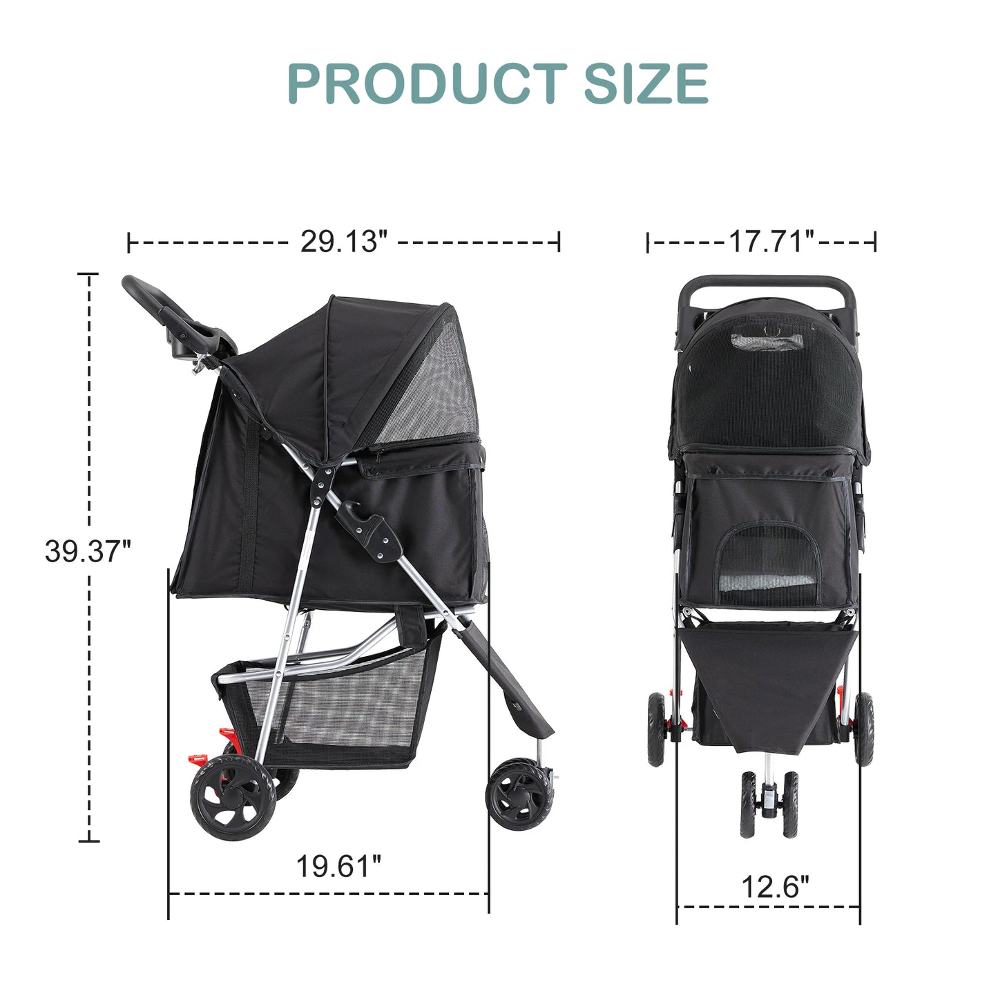 Jhk 3 Wheels Foldable Pet Stroller For Small Dogs And Cats With Mesh Windows
