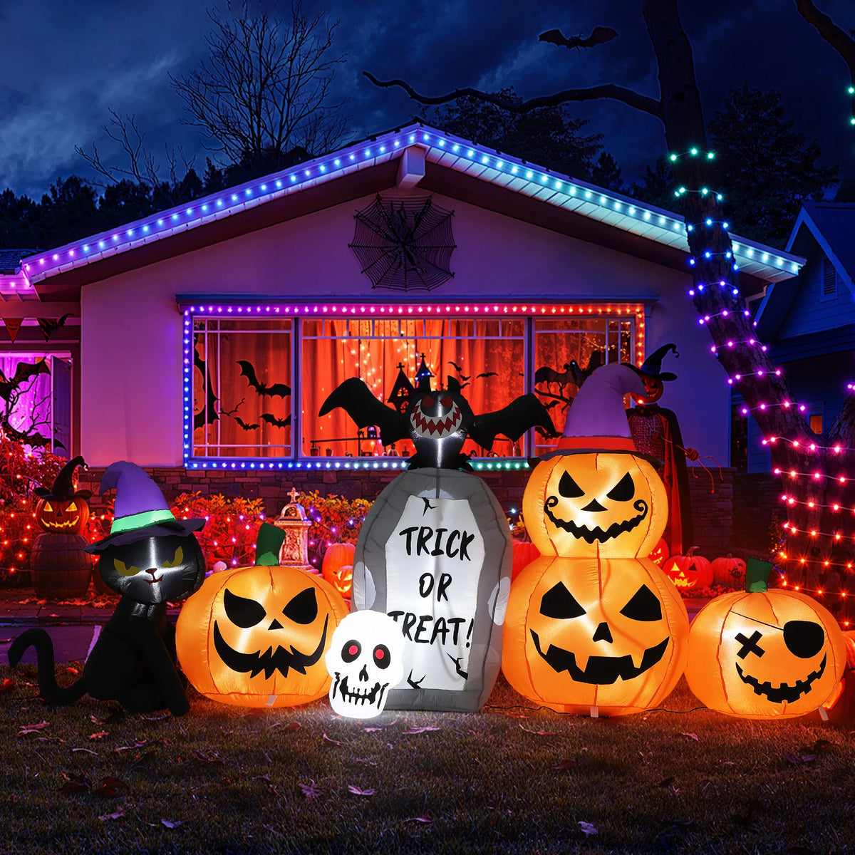 8ft Halloween Pumpkin Black Cat Tombstone Inflatable Yard Decor With Led Lights, Blow Up Outdoor Decoration For Lawn Garden Porch Party Pet and Home Outlet