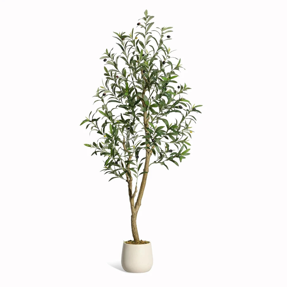 Olive Trees Artificial Indoor, 5-7ft Tall Faux Silk Plant - Fake Potted Tree with White Planter, Artificial Plants for Home Offi Pet and Home Outlet