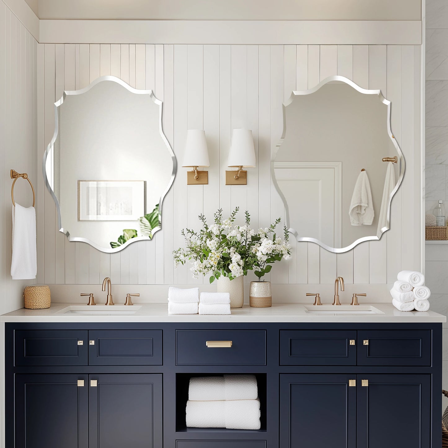 Wisfor Scalloped Beveled Wall Mirror For Modern Bathroom Decor