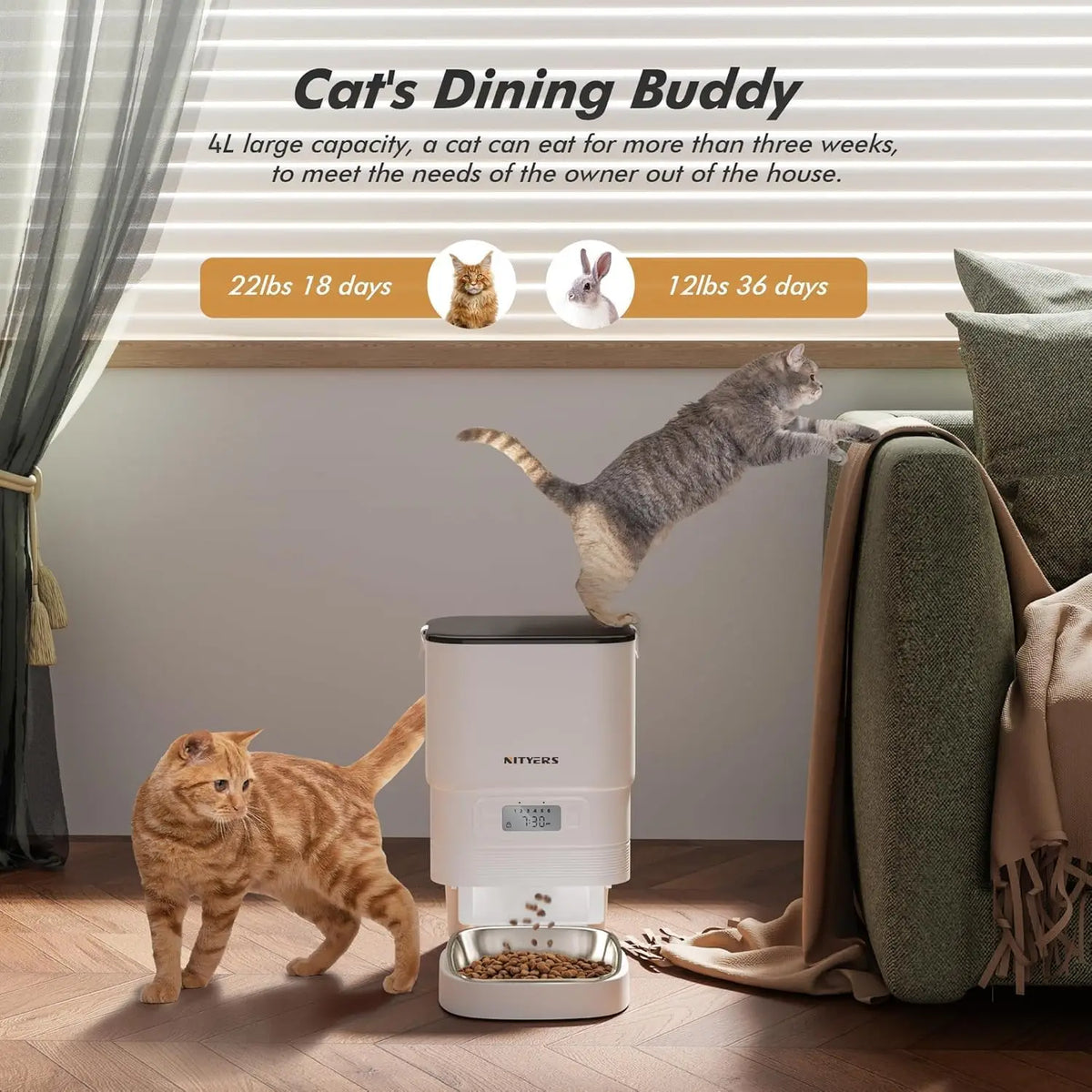 NITYERS 4.5L Automatic Cat Feeder, Timed Dog Food Dispenser with Stainless Steel Bowl, Smart Pet Feeder with Clog-Free Design, Voice Recorder, Dual Power Supply, Portion Control & Meal Planner for Cats and Small Dogs Pet and Home Outlet