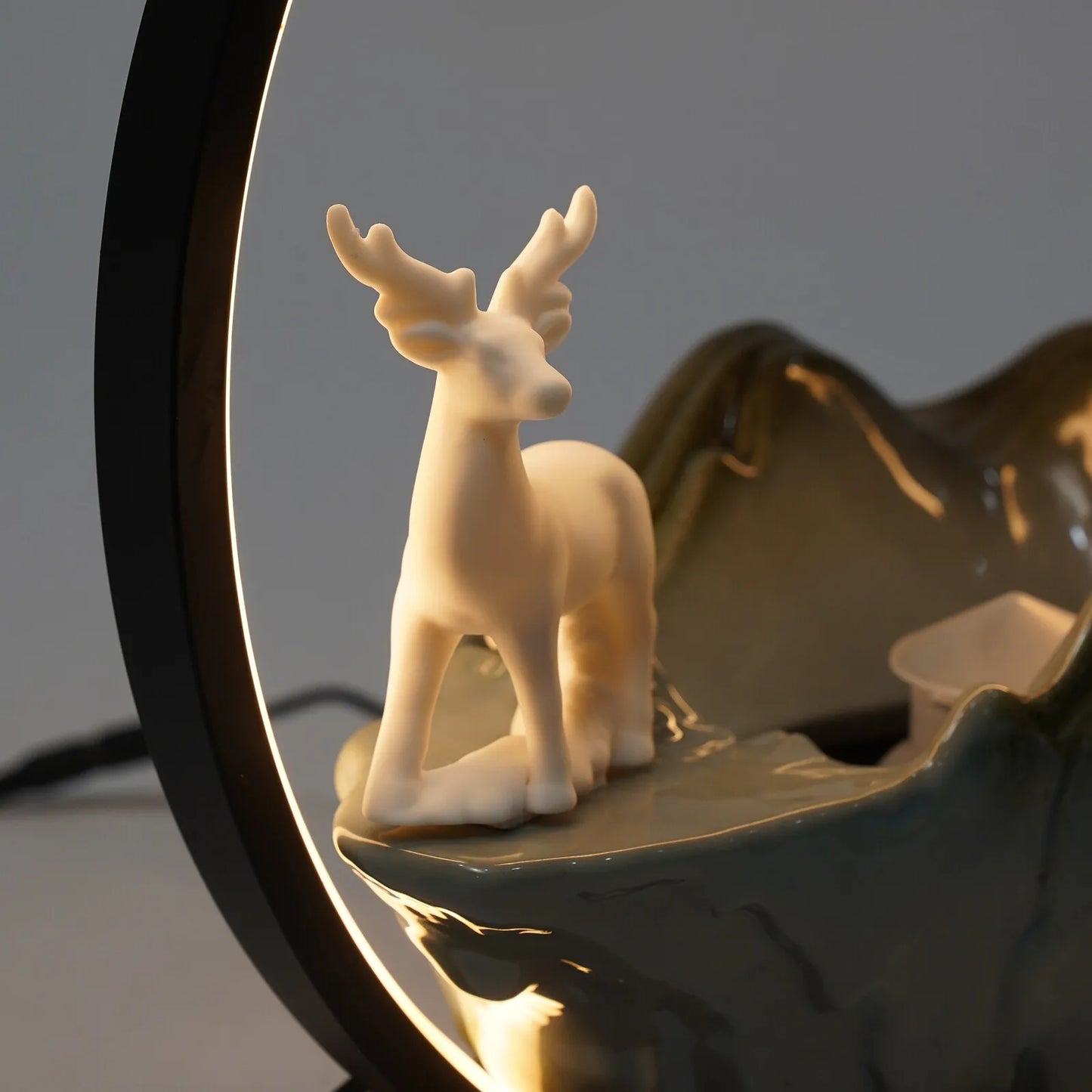 Ceramic Tabletop Fountain With Mist LED Deer Figurine And Pine Branches