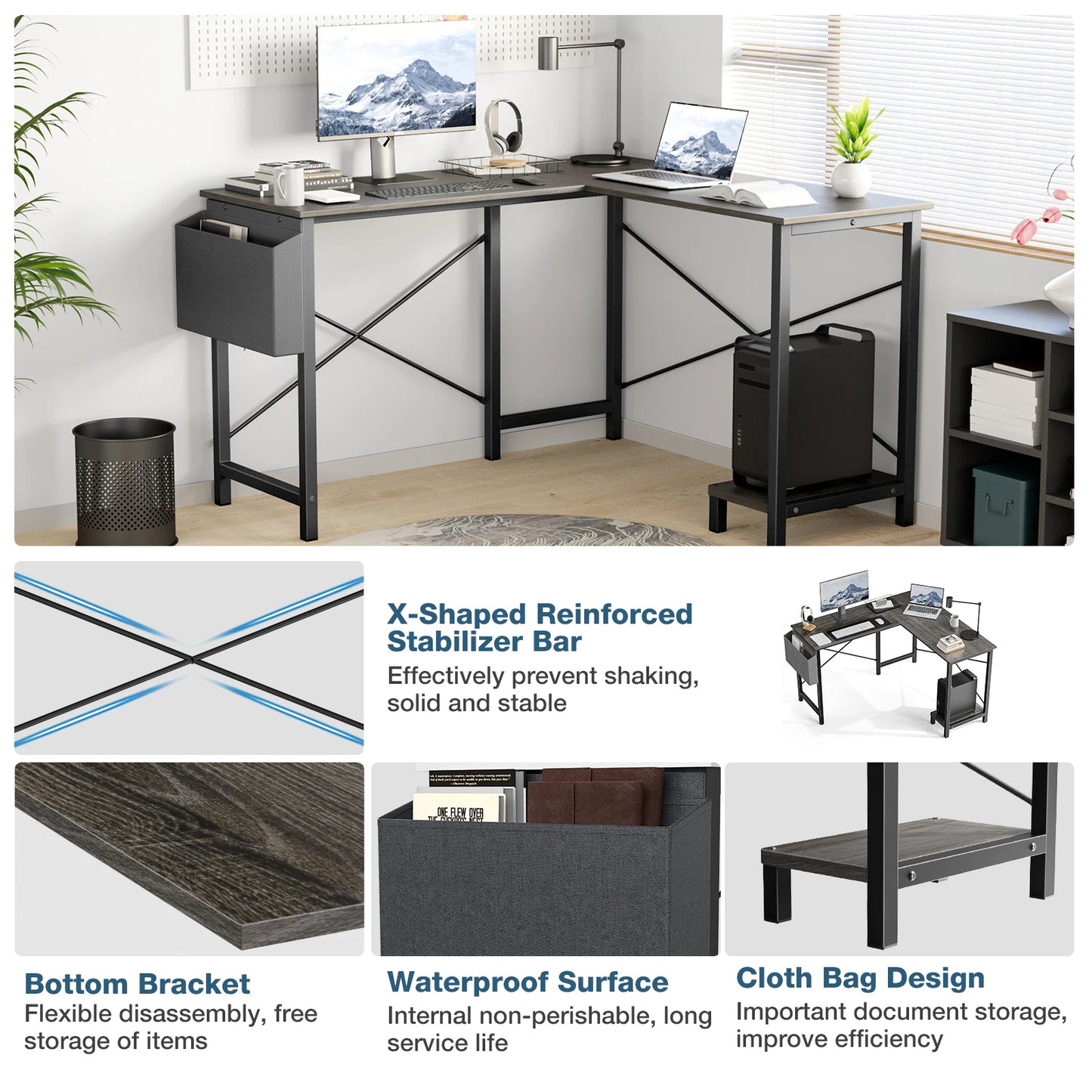 JHK L Shape Gaming Desk With CPU Storage Shelf System