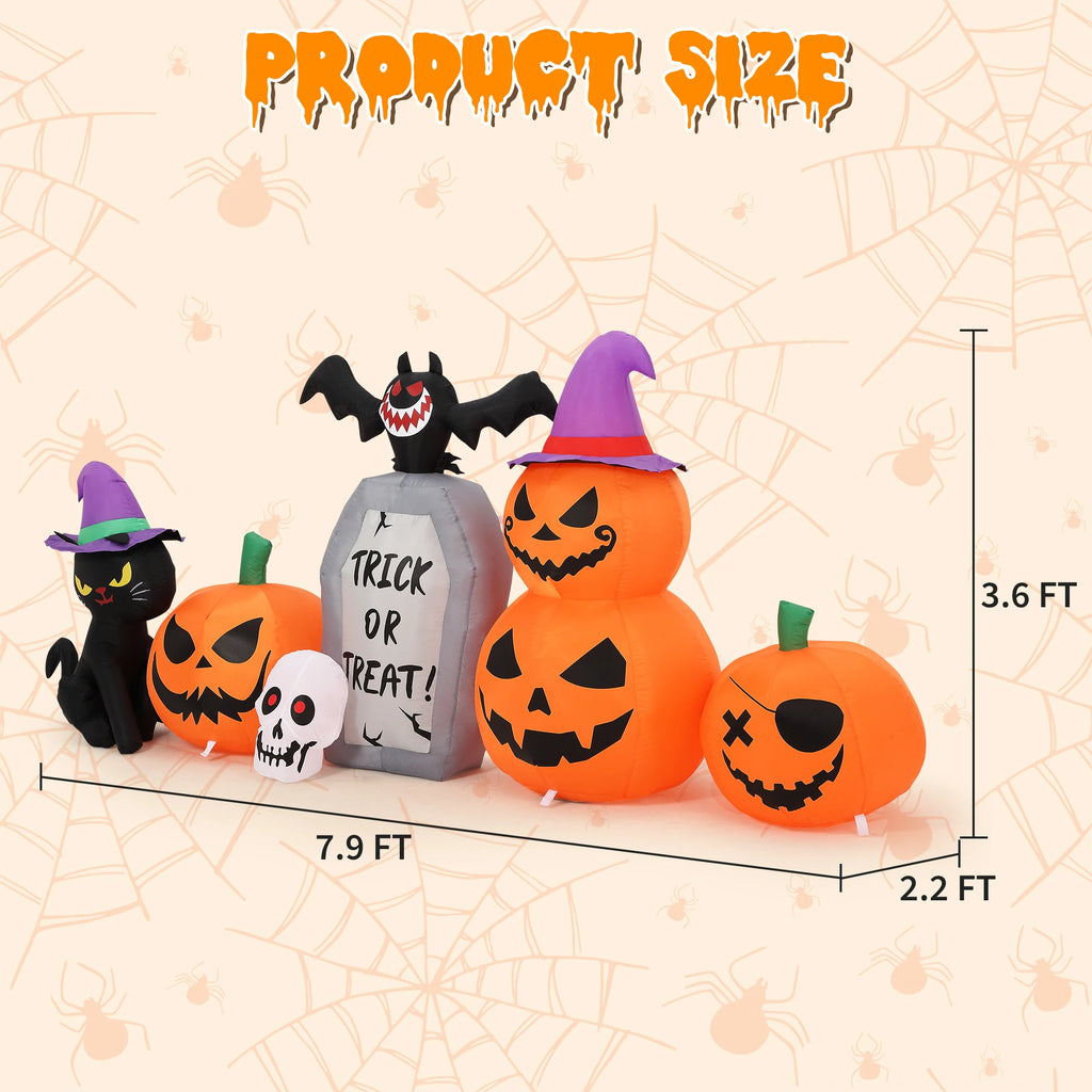 8ft Halloween Pumpkin Black Cat Tombstone Inflatable Yard Decor With Led Lights, Blow Up Outdoor Decoration For Lawn Garden Porch Party Pet and Home Outlet