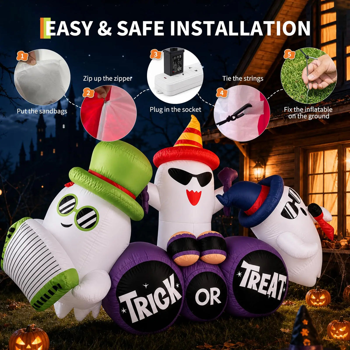 8ft Halloween Ghost Band Inflatable Outdoor Yard Decor With 6 Led Lights, Trick Or Treat Blow Up For Lawn Porch Garden Party Display Pet and Home Outlet