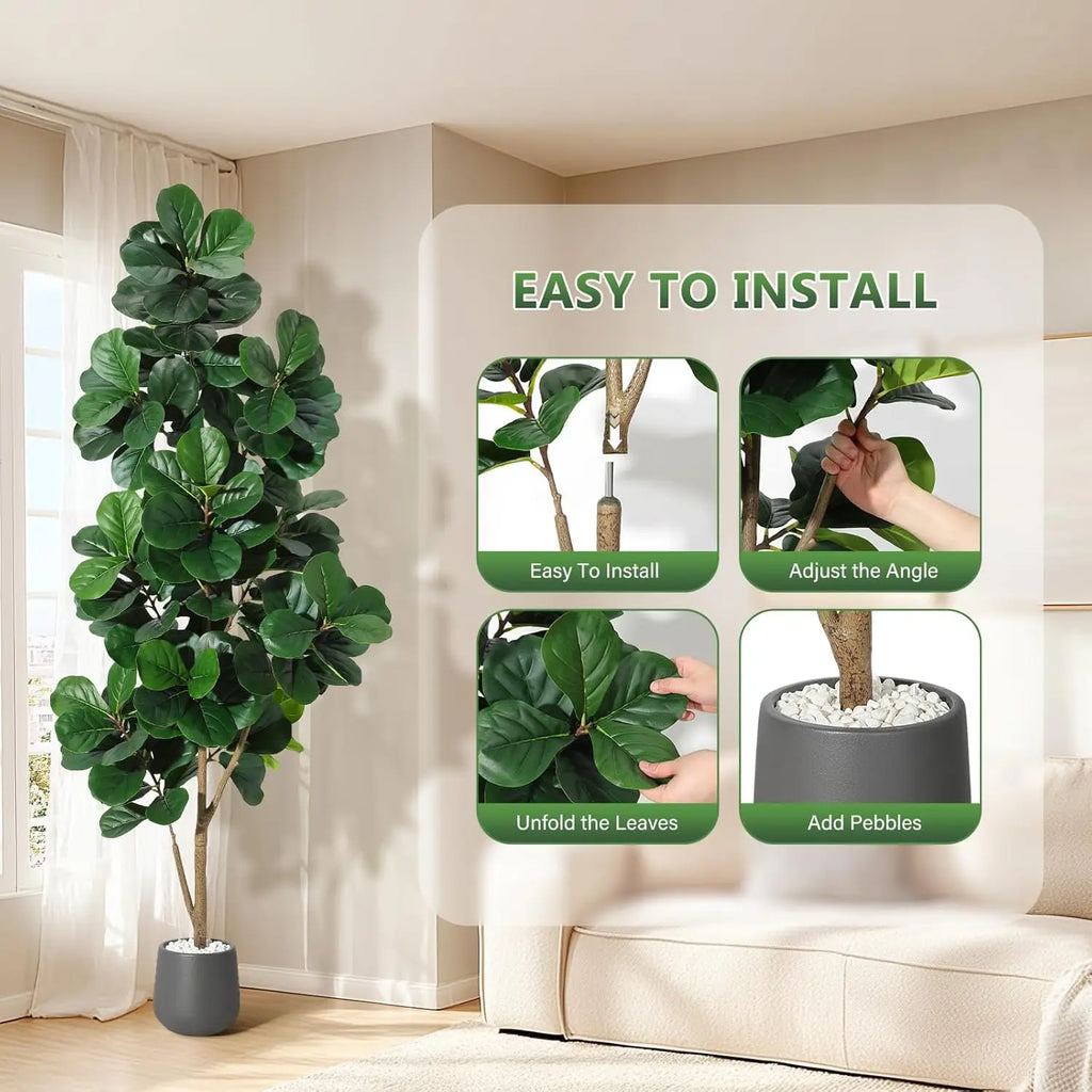 4FT/5FT/6FT/7FT Fiddle Leaf Fig Tree Artificial with Leaves, Realistic Faux Ficus Lyrata Trees in White Planter Pot, Home Decor Pet and Home Outlet