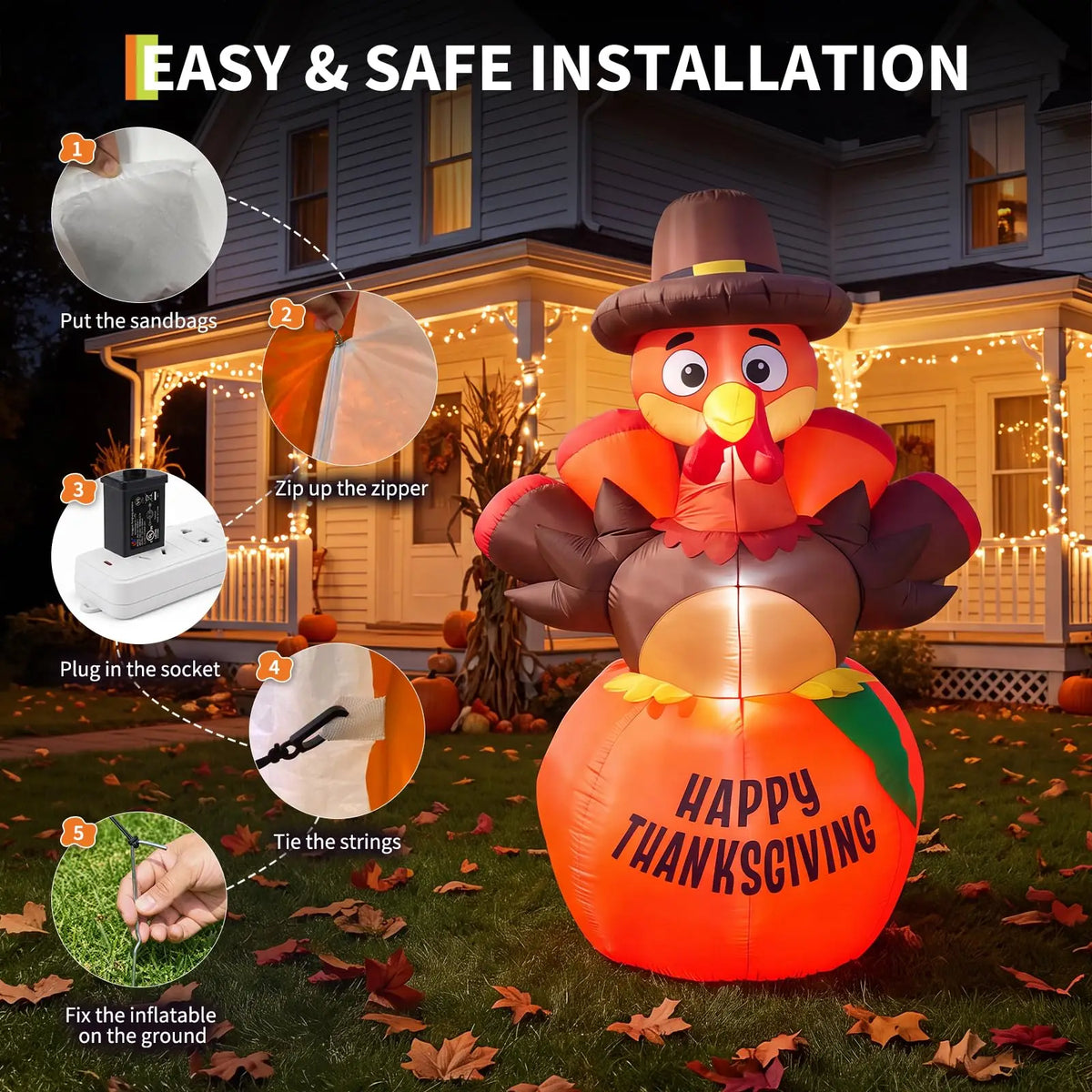 6ft Thanksgiving Pumpkin Turkey Inflatable Yard Decor With 7 Led Lights, Blower, Stakes & Ropes For Lawn Porch Garden Party Home Pet and Home Outlet