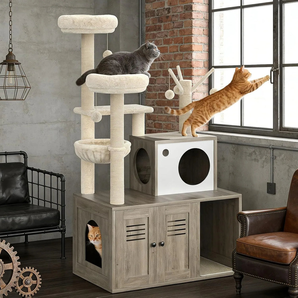 Modern Cat Tower With Hidden Litter Box And Cozy Perches
