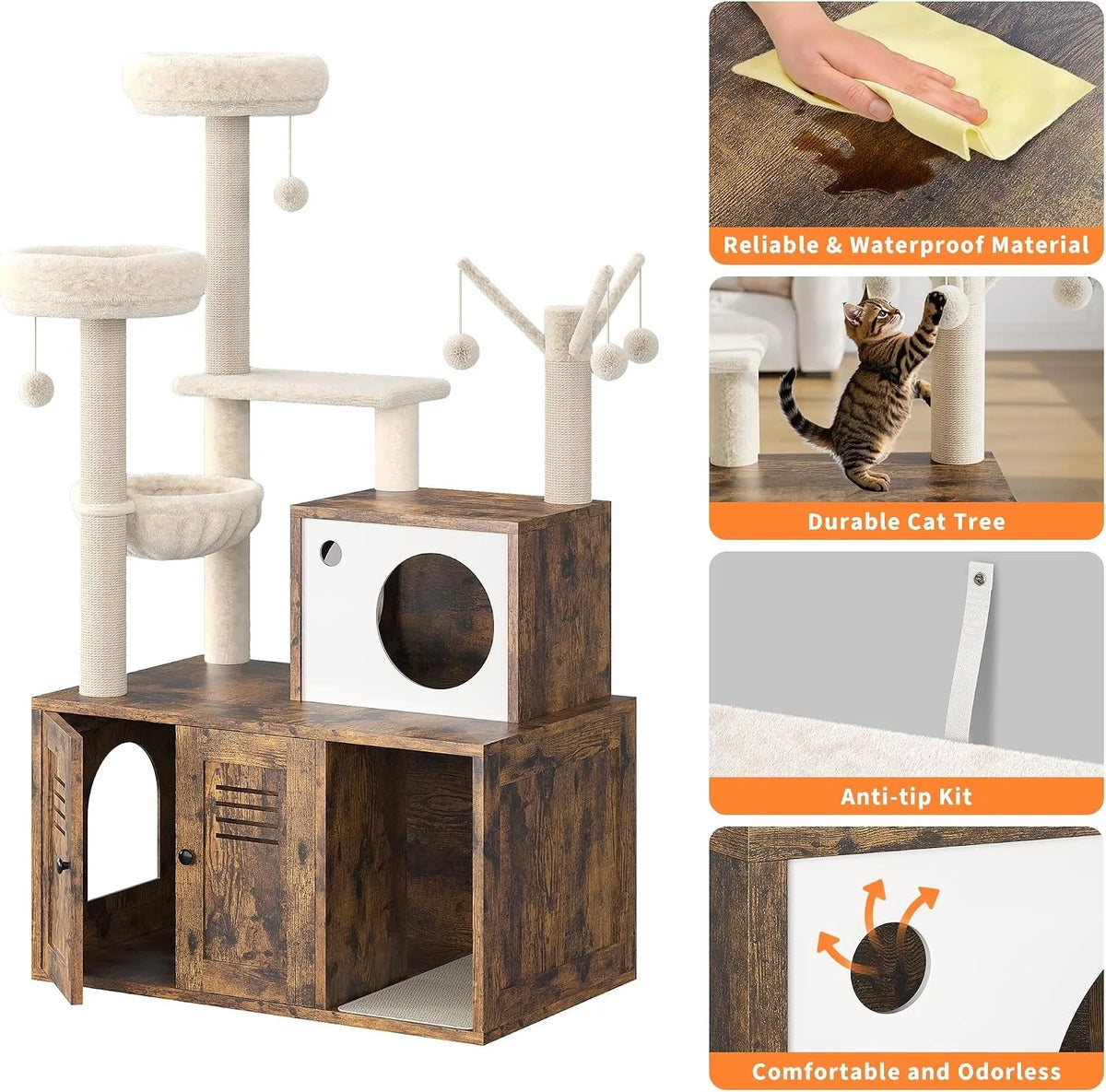 Modern Cat Tower With Hidden Litter Box And Cozy Perches
