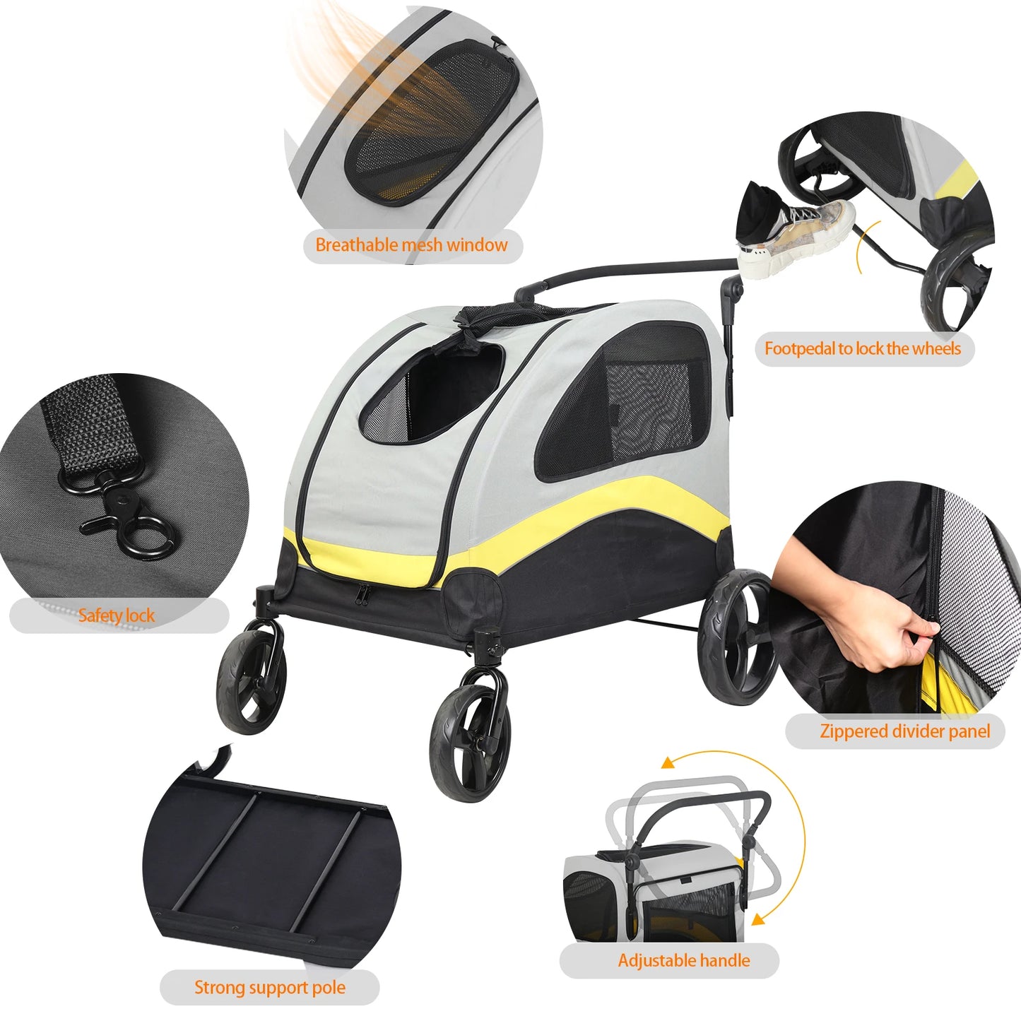 Folding Dual Dog Pet Stroller With Safe Divider And Smooth Wheels