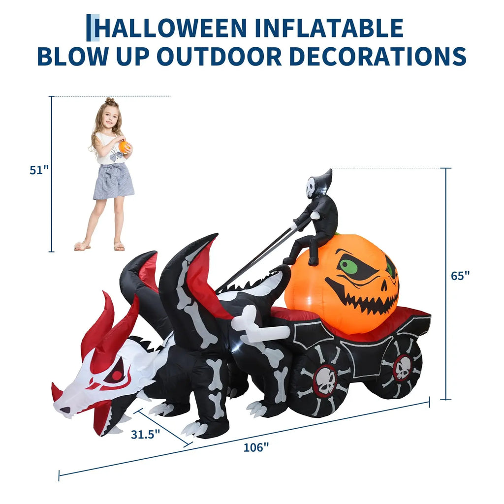 12ft Grim Reaper Dragon Carriage Halloween Inflatable With 3 Led Lights, Outdoor Yard Decoration For Lawn Porch Garden Party Display Pet and Home Outlet