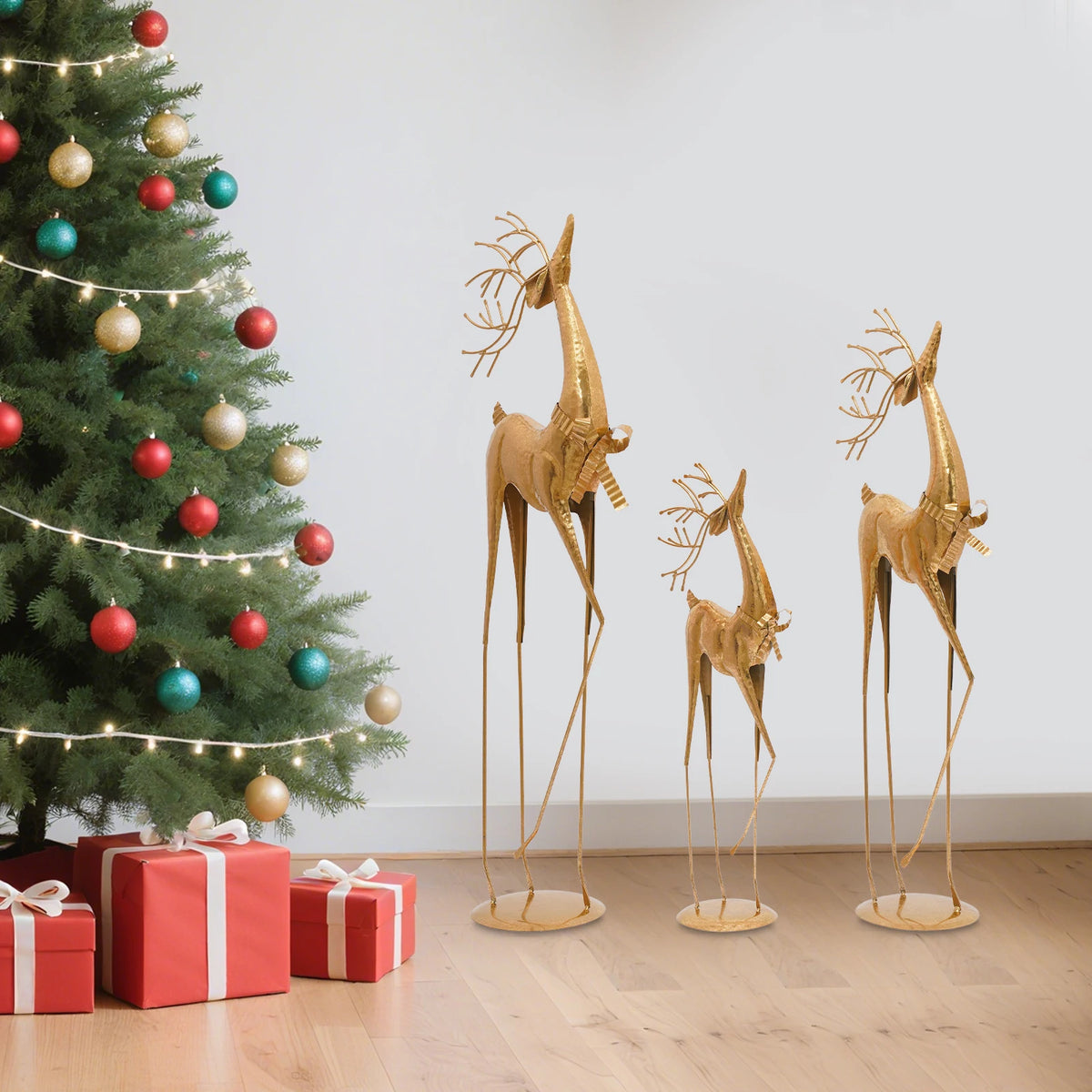 Gold Deer Statue Set 3-Pacs Iron Artisan Craft, Vintage Style for Home/Office Christmas Decor, Symbolic Auspicious Blessings Pet and Home Outlet