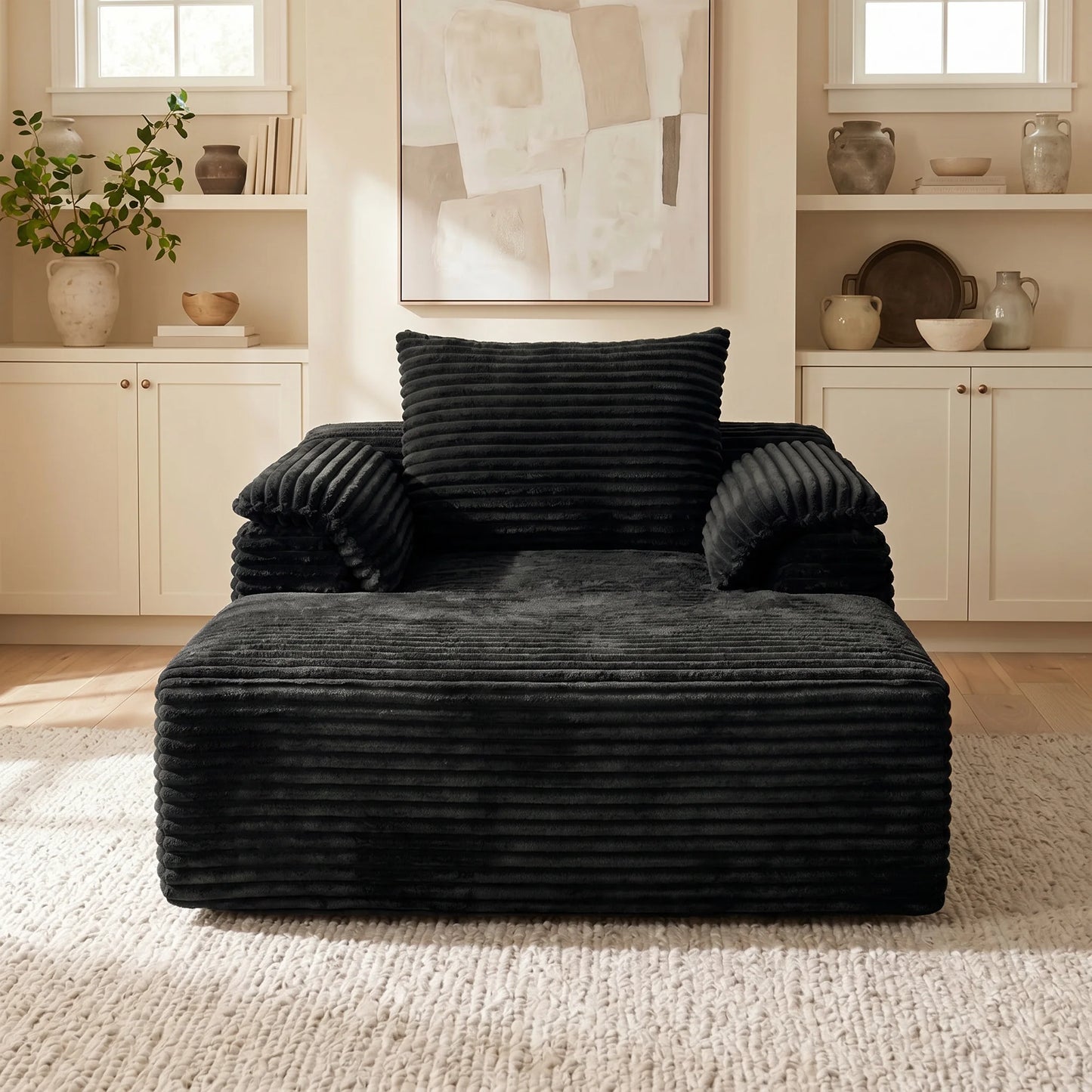Modern Corduroy Sofa Bed Lounge Chair With Pillows And Armrests