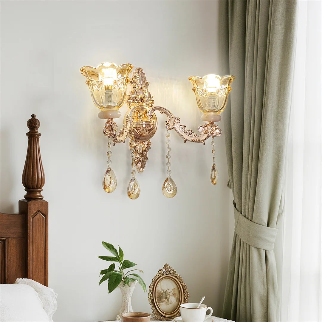Vrygle Luxury Gold Crystal Glass Wall Sconce With Flower Lampshade