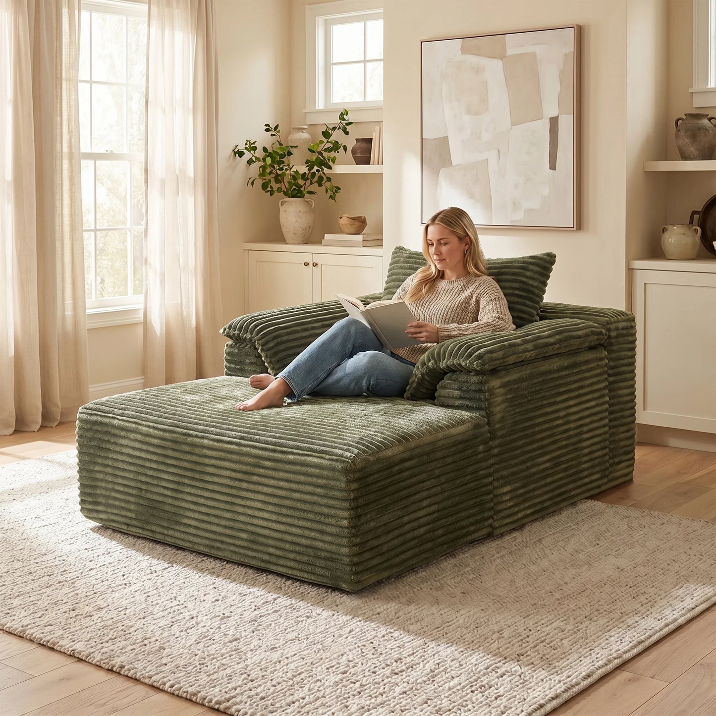 Modern Corduroy Sofa Bed Lounge Chair With Pillows And Armrests