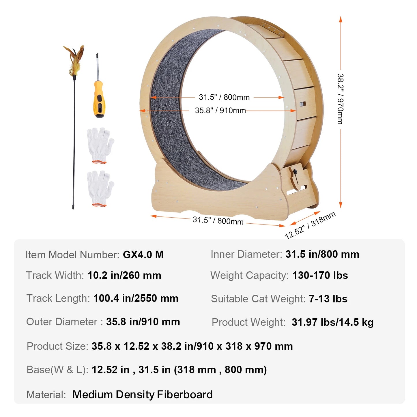 Indoor Wooden Cat Exercise Wheel With Detachable Carpet Teaser Attachment