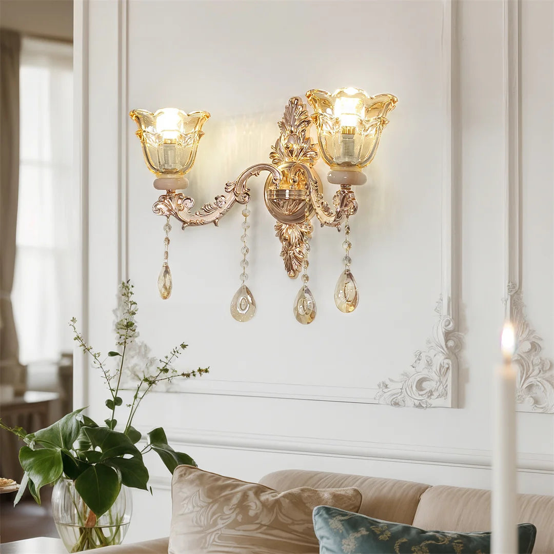 Vrygle Luxury Gold Crystal Glass Wall Sconce With Flower Lampshade