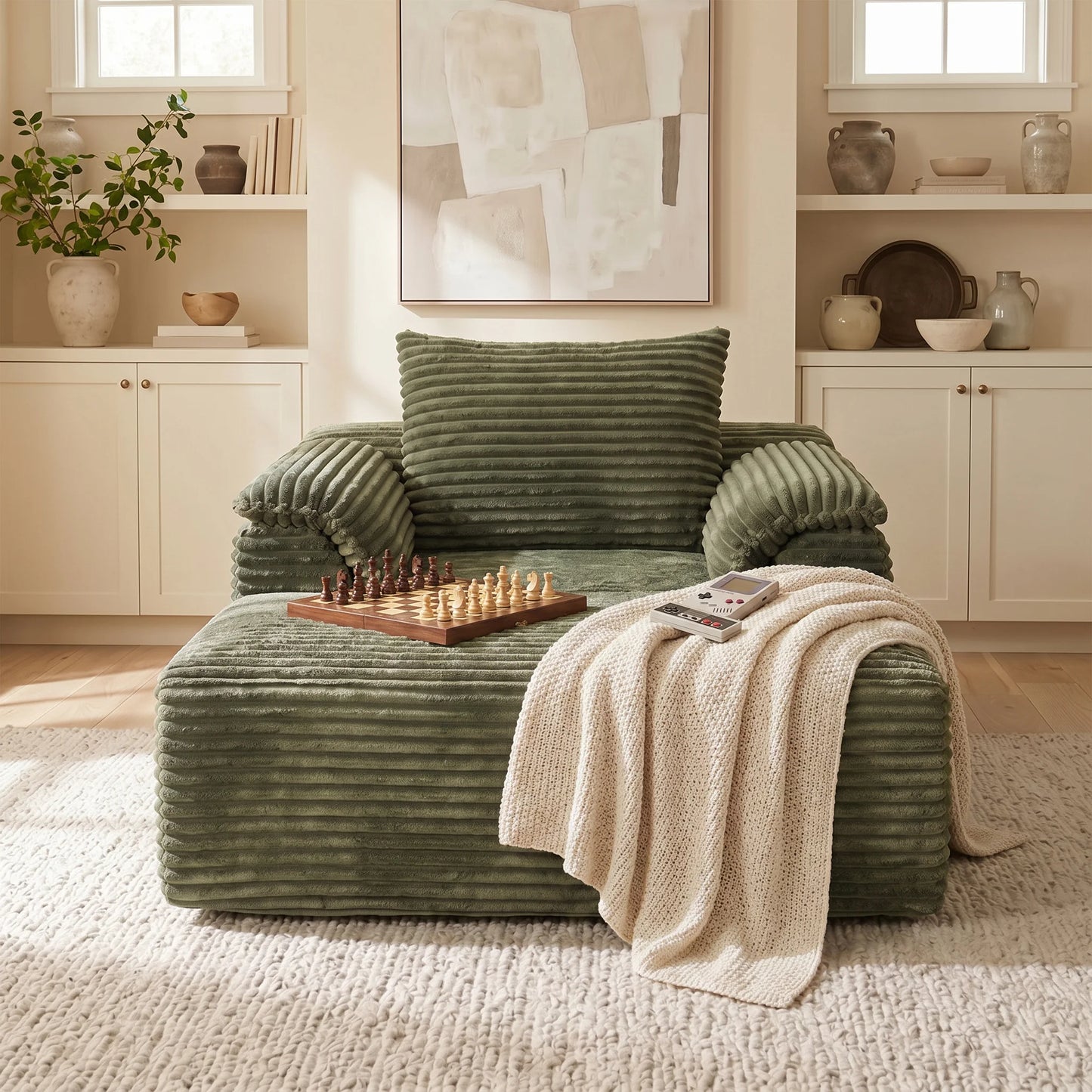 Modern Corduroy Sofa Bed Lounge Chair With Pillows And Armrests