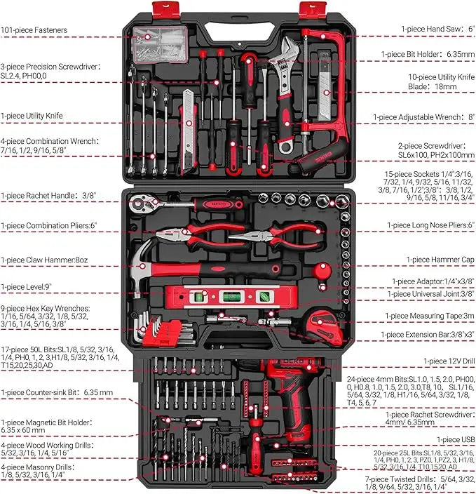 DEKO Home Mechanic Toolbox With 12V Cordless Drill Tool Set