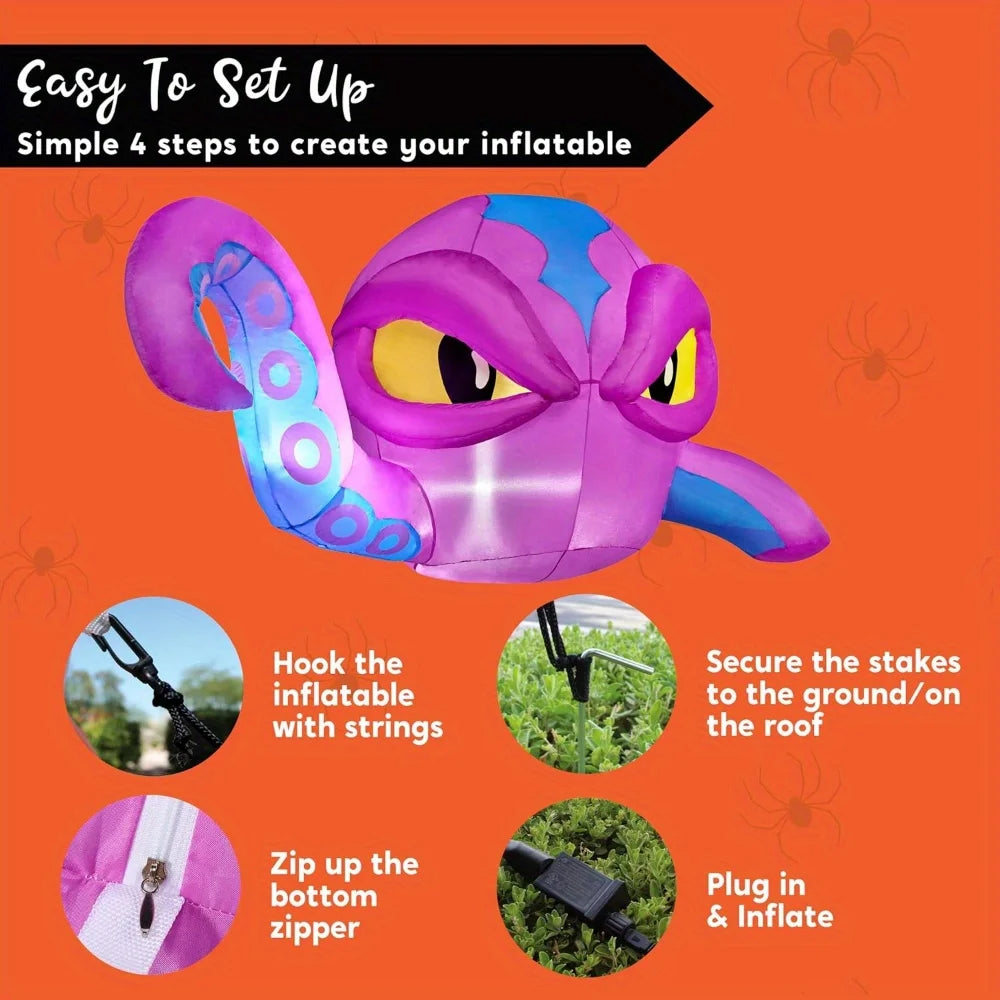 4 FT Tall Halloween Inflatable Purple Octopus Head with Tentacles Broke Out from Window with Built-in LEDs Blow Up for Halloween Window Decor, Outdoor Yard Garden Lawn Party Decoration Pet and Home Outlet