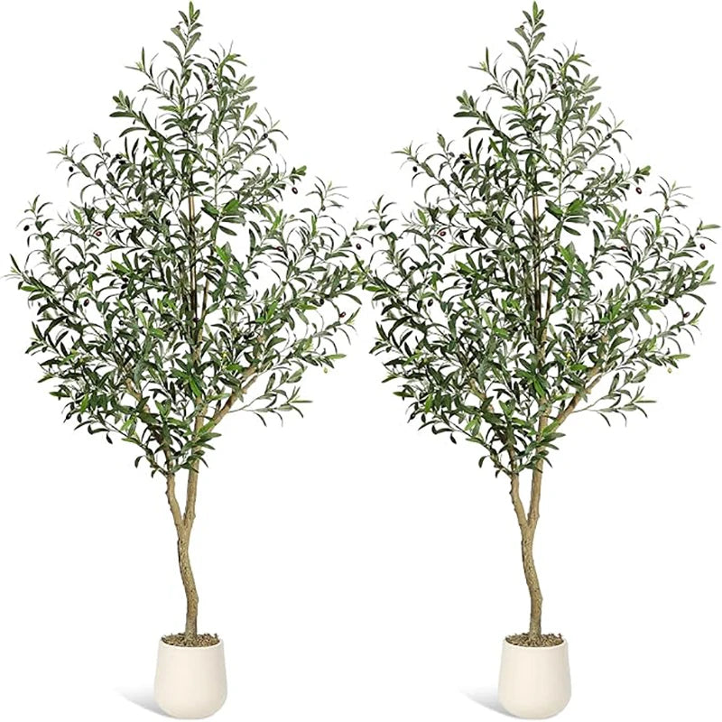Olive Trees Artificial Indoor, 5-7ft Tall Faux Silk Plant - Fake Potted Tree with White Planter, Artificial Plants for Home Offi Pet and Home Outlet