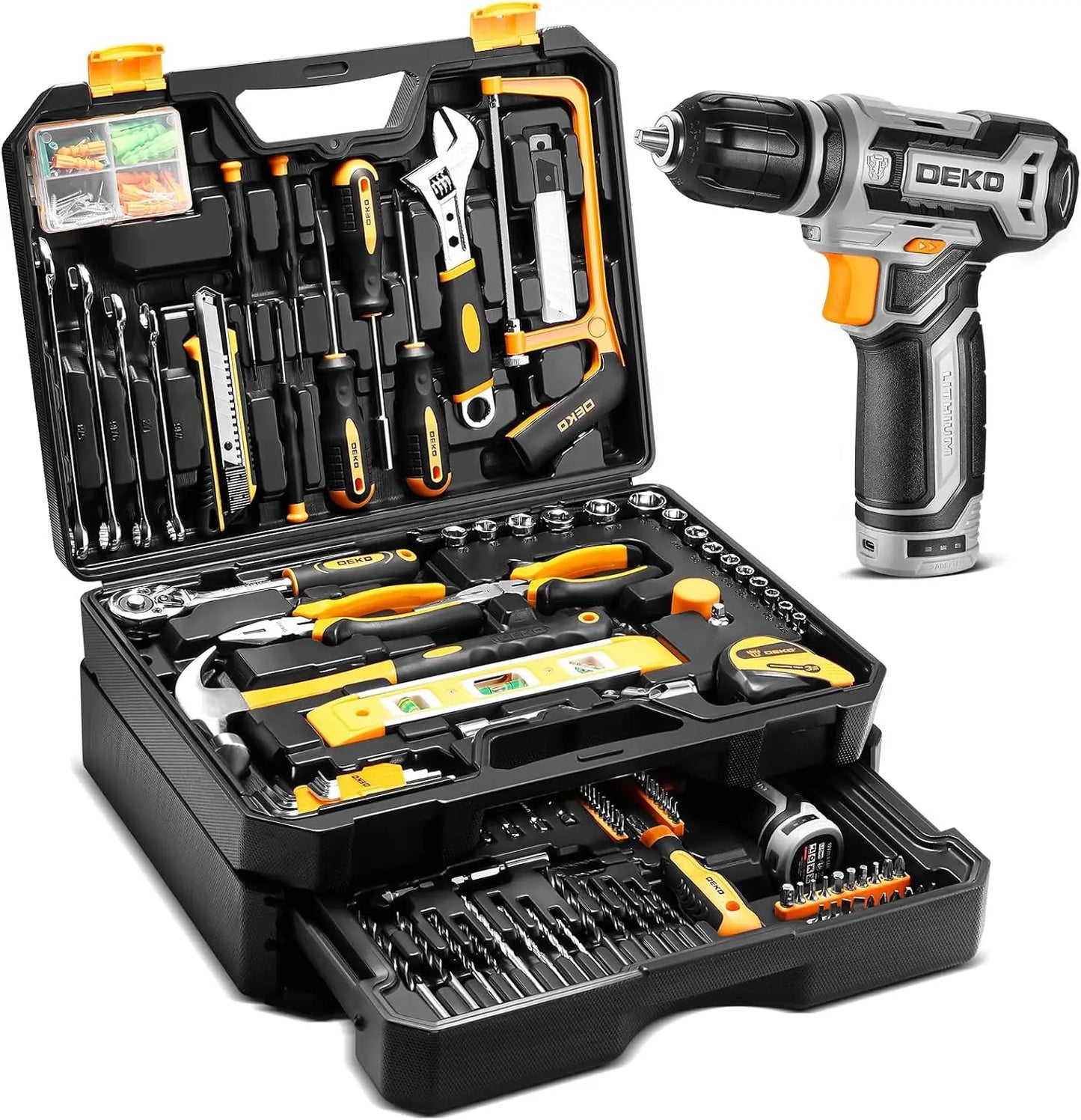 DEKO Home Mechanic Toolbox With 12V Cordless Drill Tool Set