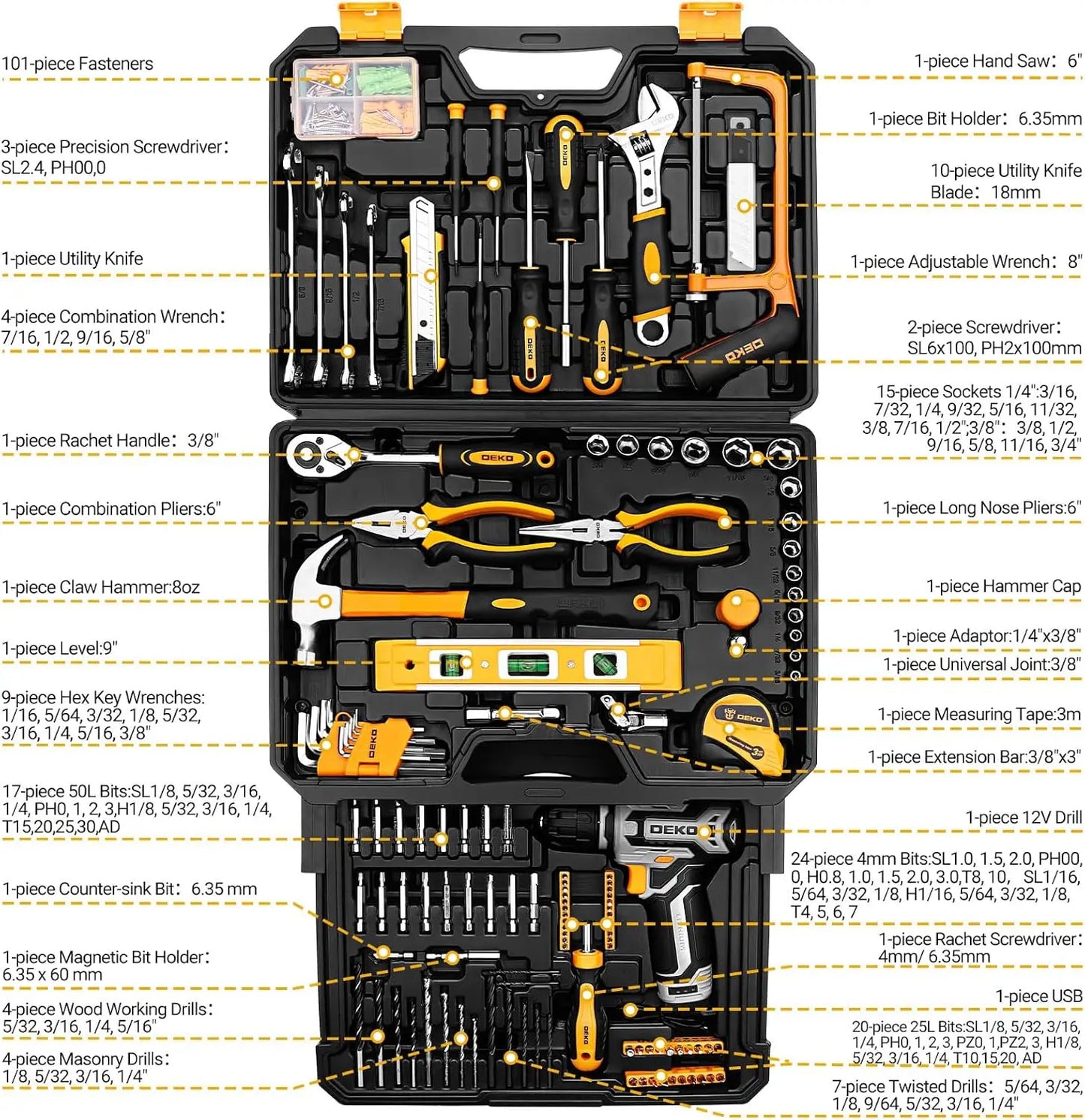 DEKO Home Mechanic Toolbox With 12V Cordless Drill Tool Set