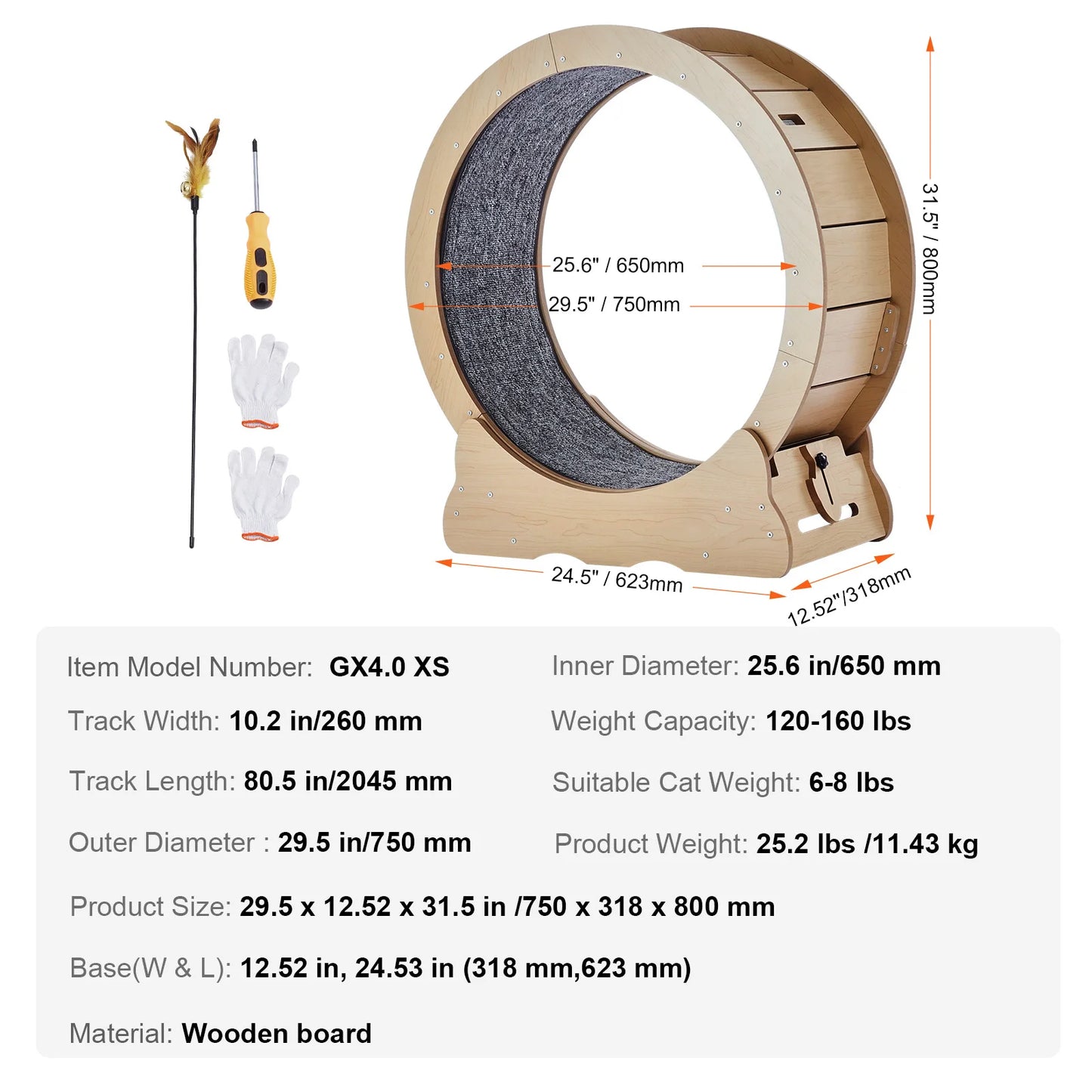 Indoor Wooden Cat Exercise Wheel With Detachable Carpet Teaser Attachment