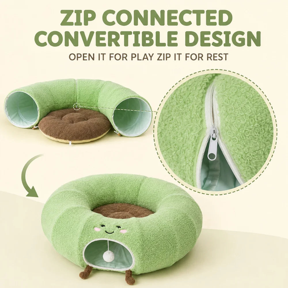 Convertible Cat Tunnel Bed For Indoor Cats Plush Donut Cat Bed With Removable Cushion Zip Connected Long Play Tunnel Cozy Hideaway Bed With Hanging Ball For Kittens Cats And Small Pets Pet and Home Outlet