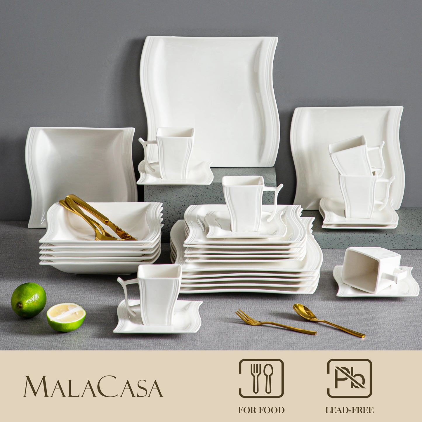 MALACASA Flora White Porcelain Dinnerware Set For 12 People