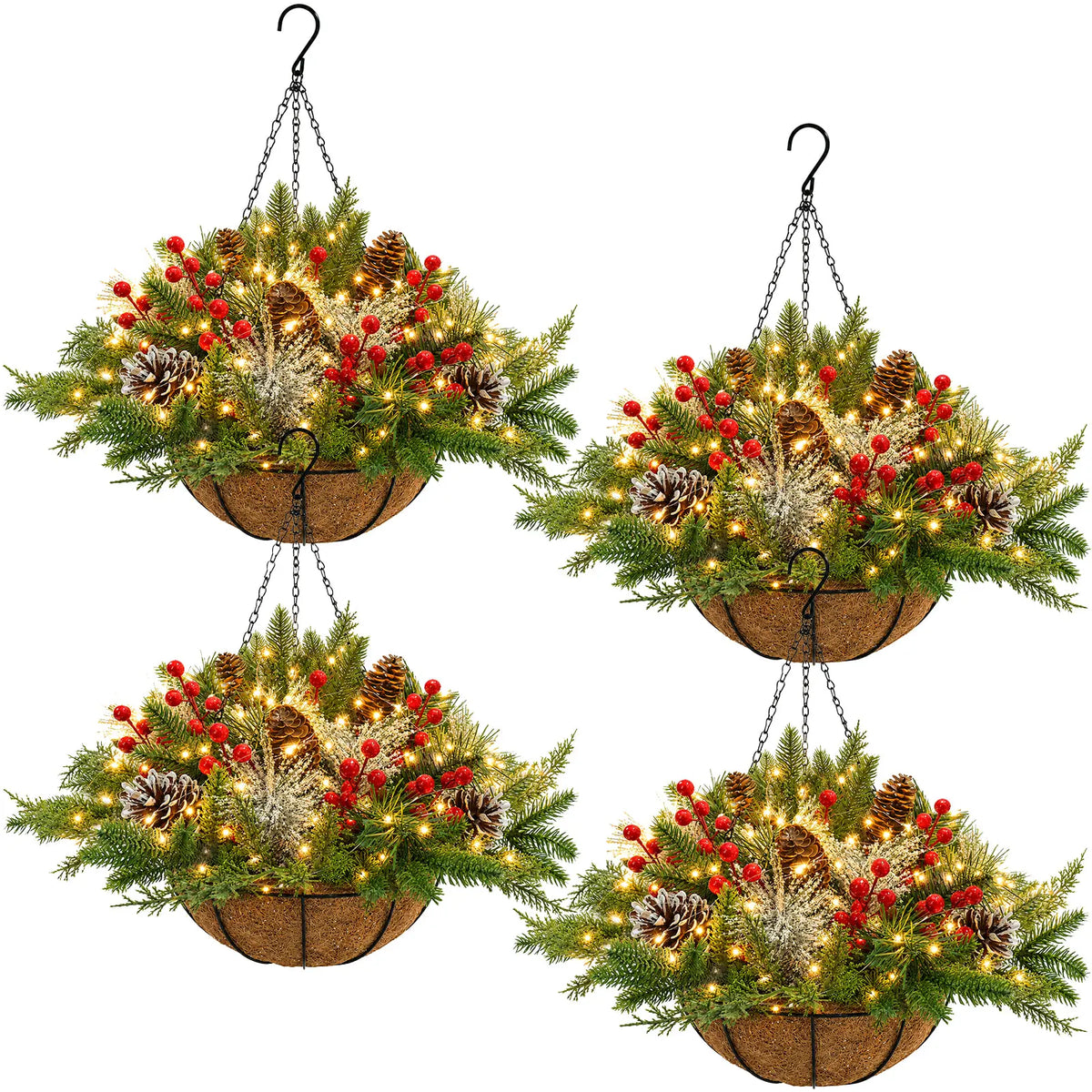 Artificial Christmas Hanging Basket With LED String Lights Pre-Lit Christmas Hanging Plant Basket Artificial Flowers Decor for Front Door Garden And Party Pet and Home Outlet