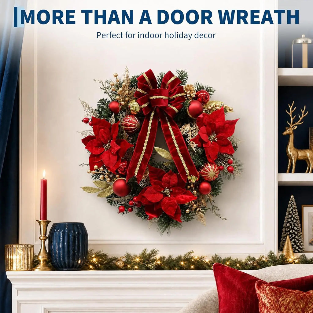 Garvee 24inch Christmas Wreath for Front Door with 20 LED Lights Holiday Wreath Artificial Velvet Bow Hanger for Fireplace Wall Indoor Outdoor Decor Pet and Home Outlet